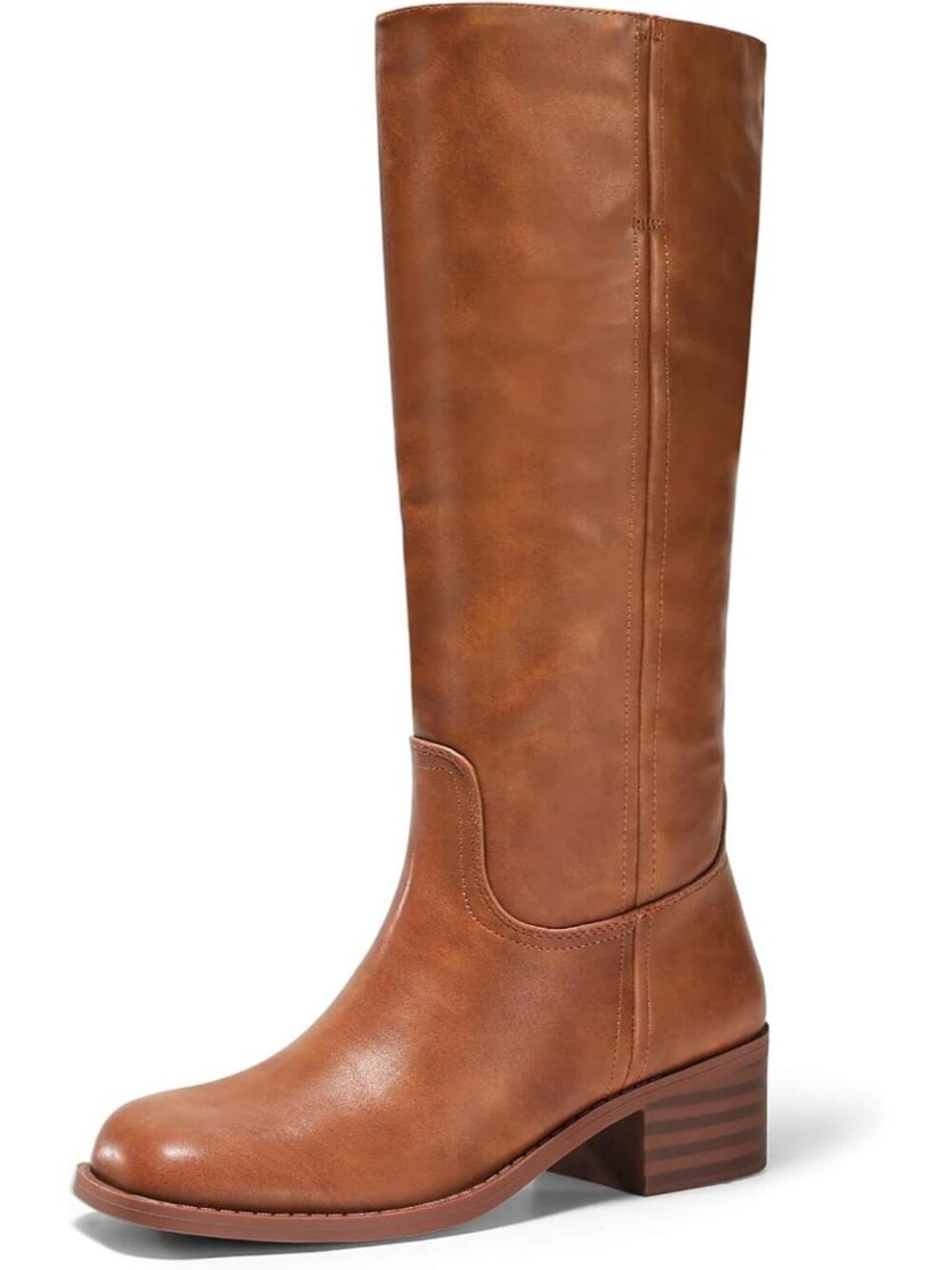 Women's Red Brown Square Toe Chunky Low Block Heel Comfortable Knee High Boots